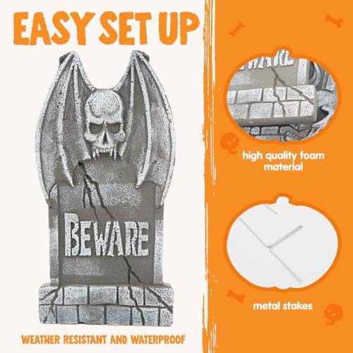 Image of JOYIN 17 inch Halloween Decorations Outdoor Tombstones, 5 Pack Halloween Graveyard Foam Headstones Decor with 12 Metal Stakes for Prop Cemetery Yard Lawn Decorations, Party Supplies