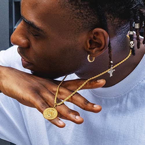 KRKC&CO Gold Jesus Pendant Medallion Necklace Men, Cross/St Christopher Circle Coin Vintage, Birthday Gift for Him Husband, 2.5mm, 22in2