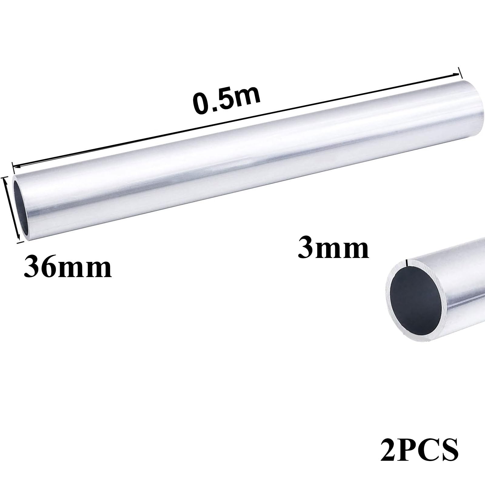 COYOUCO 2 Stück Aluminiumrohr, 36 mm Außendurchmesser Aluminium-Rundrohr, 500 mm langes gerades Metallrohr für Heimwerken, Industrie, Dekoration,36 * 3mm