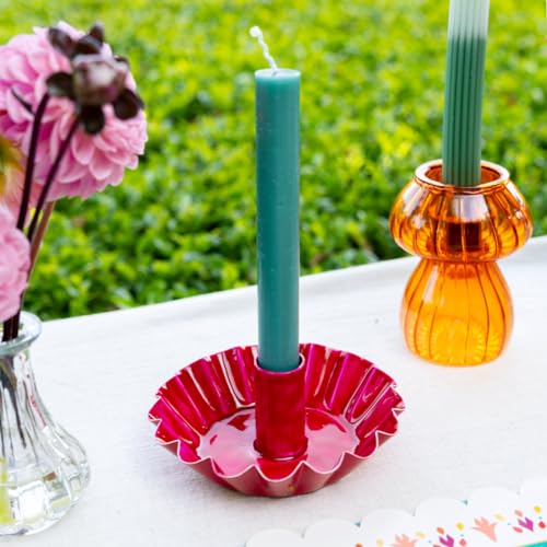 Scalloped Pink Metal Dinner Candle Holder, Handmade in India with Enamel Finish, Elegant Table Decor - Image 2
