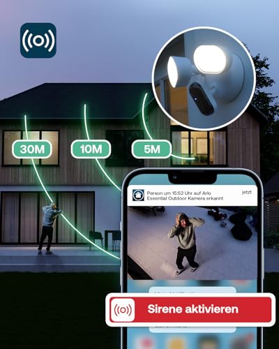 Arlo 2K Flutlichtkamera, Überwachungskamera Aussen WLAN, 2K HDR, Kabelgebunden, 160° Weitwinkel, Bewegungsmelder, Farbnachtsicht, LED Licht, 2-Wege-Audio, Alarm, Sirene, Secure Testzeitraum
