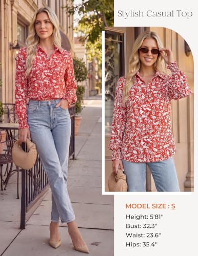 GRACE KARIN Women's Boho Floral Button Down Shirts, 2026 Fall Long Sleeve Blouses, Dressy Casual Fit Vacation Work Tops Red White Floral M — view 3