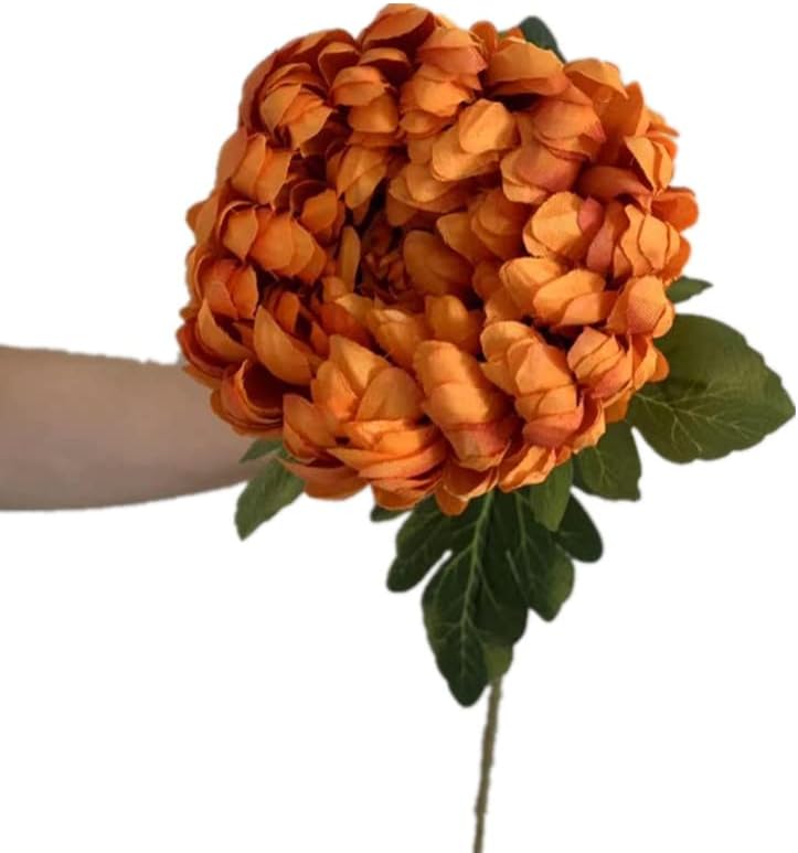 5pcs Faux Round Pineapple Chrysanthemum Flower Branch with Green Leaves Artificial Big Callistephus Chinensis for Floral Arrangement (Orange)