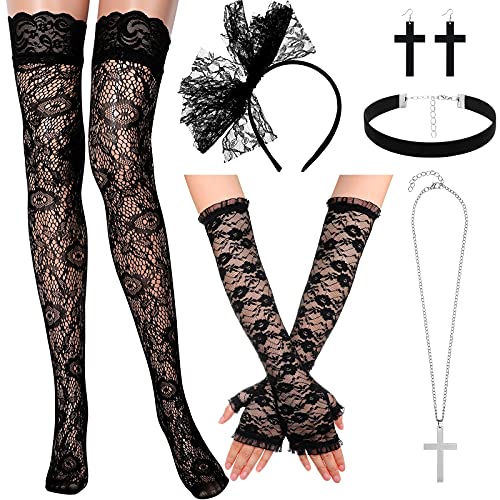 Geyoga Lace Costumes for Women 80s Cosplay Halloween Black Lace Gloves Headband Thigh-high Stocking Earrings Pendent Necklace Flannel Choker Accessories Set for 90s party