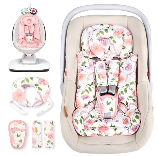 Image of Infant Car Seat Insert with Removable Cushion for Baby Girls, Reversible Newborn Carseat Insert for Baby Head Body Support, Fits for Stroller, Baby Swing, Bouncer (Pink Bow)
