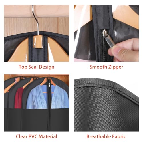 Image of Univivi Garment Bag Suit Bag for Hanging Clothes, 40 inch Lightweight Full Zipper Washable Suit Cover with Large Visible Window for Suit Coat, Jacket, Sweaters (Set of 6), Black