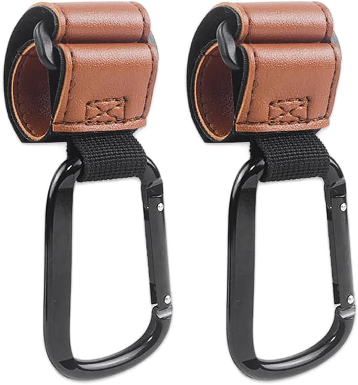 HASTHIP Baby Stroller Hooks, Leather Buggy Clips, Universal Stroller Clips Stroller Accessories Hook Mommy Hook for Stroller, Diaper Bag, Shopping Bag, Purse and Backpack (2PCS Brown)