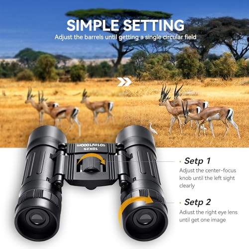Image of 10x25 Compact Binoculars for Kids Adults, 101 to 1000m Vision Easy Focus Telescope Only 164g Waterproof FMC Multilayer Small Binoculars Toy for Bird Watching Outdoor Travel Sports with Neck String