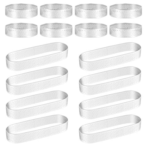 Ensemble de 21 moules à mousse perforés en acier inoxydable, 8 ronds (8 cm x 2 cm), 8 ovales (13 cm x 4 cm x 2 cm), pour pâtisserie