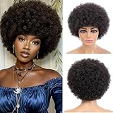 puheca Short Kinky Curly Afro Wig with Bangs Glueless for Black Women Men 70s Disco Bouncy Fluffy Puff Synthetic Heat Resistant Natural Looking Hair for Party Cosplay Daily Use