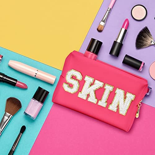 E1mity Cosmetic Bag Large Makeup Bag Preppy Stuff Preppy SKIN Patch Toiletry Bag Y2K Aesthetic PU Leather Portable Cosmetic Bag Waterproof Storage Bag Travel Outing Schoolgirls Girls Teens (Rose Red)