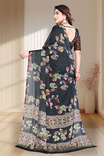 Image of SUPERLAXMI Women's Chiffon Floral Printed Saree with Blouse Piece
