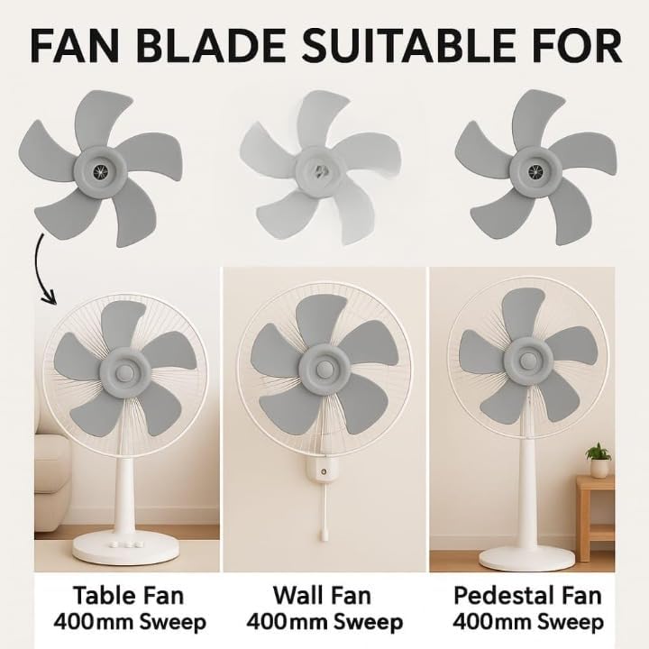 Image of 5 Leaf Fan Blade 16 Inch (400mm) with Lock Cap & 8mm Shaft | Universal for Table, Wall & Pedestal Fans | Multicolour Durable Plastic | Easy Install