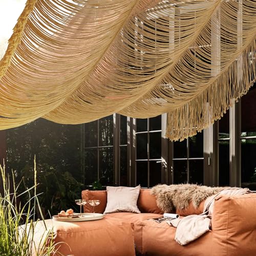 Macrame Curtain Boho Curtain Doorway Window Wall Decor Fiber Yarn Art Handwoven Wall Hanging Art Craftsmanship Home Door Bedroom Wedding Backdrop Arch,Closet Room Divider 59" W x 75" H (1 Panel,Khaki) - Image 4