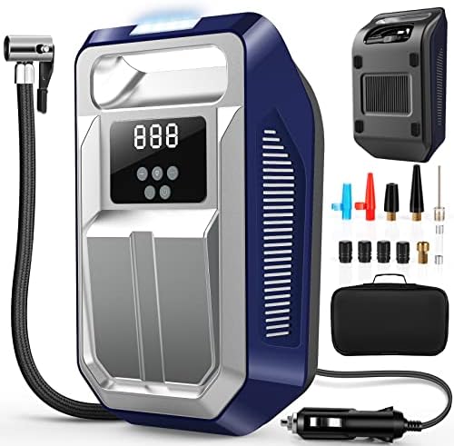 Tire Inflator Portable Air Compressor 12V DC Car Air Pump with Digital Display, LED Light, Auto Shut Off Function, Set of Nozzle Adaptors for Car, Motorcycle, Bicycle, Ball, and Other Inflatables