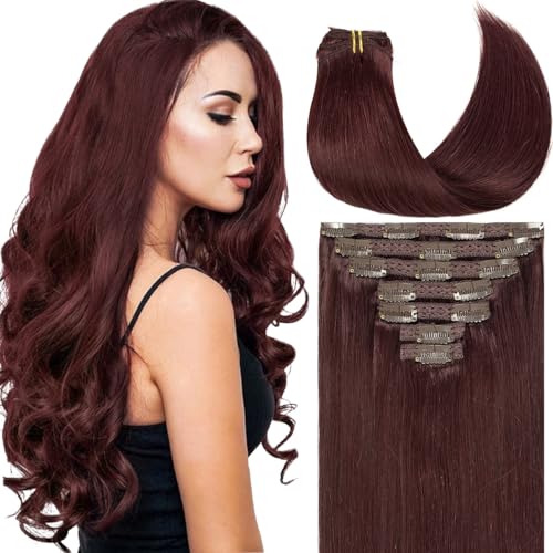 Caliee Real Hair Extensions Clip in Human Hair for Full Head Natural Straight Color 99J Burgundy Wine Red 7Pieces Double Weft Thick Ends Brazilian Clip in Hair Extensions 120G 16Inch