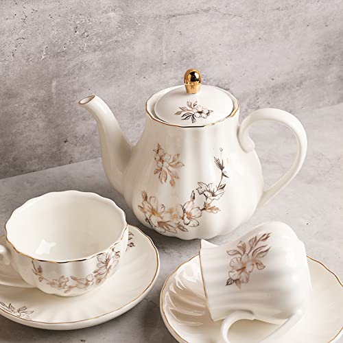 Porcelain Tea Sets British Royal Series, 8 Oz Cups & Saucer Service For 6, With Teapot Sugar Bowl Cream Pitcher Teaspoons And Tea Strainer, Suitable For High Tea, Wedding, Party（Morning Glory） #TOP1