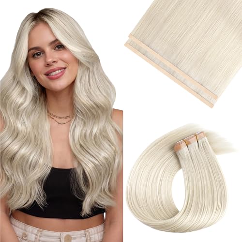Image of GOO GOO Tape In Weft Hair Extensions Human Hair, Genius PU Long Weft Tape In Hair Extensions Real Human Hair, Silky Easy to Use, 60A Platinum Blonde 14 inch 50g 2pcs