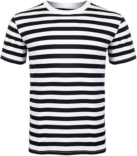 Image of Labela® Unisex Stripe Tshirt Round Neck Kids and Adult Short Sleeve Casual Crew Neck Summer Holidays Travel and Everyday Wear Top (L-Black & White)