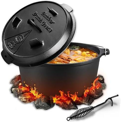 GUSSKÖNIG Dutch Oven Set - Eingebrannter Dutch Oven 9 Liter - Feuertopf Gusseisen mit Füßen