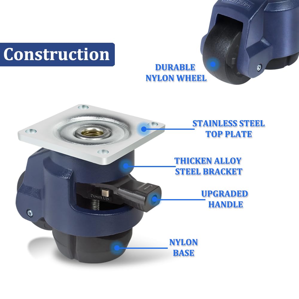 ENYKE 2 Inch Leveling Casters Set Of 4 With Upgraded Handle, 60F Plate Mount Heavy Duty Casters, 2200 Lbs Capacity, Adjustable Casters For Machine, Equipment, Shelves, 360 Degree Swivel Caster Wheels - View #3