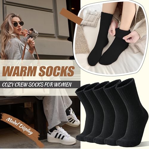 Image of EBMORE 5 Pairs Women Merino Wool Boot Socks Warm Thermal Winter Thick Hiking Cozy Cabin Crew Comfy Socks for Ladies