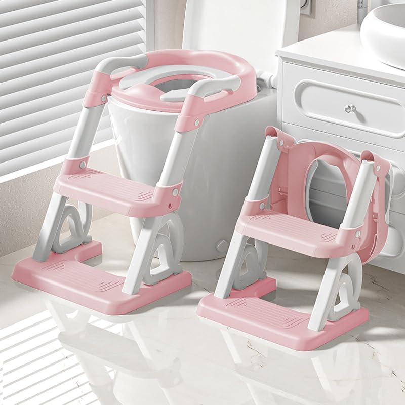 Réducteur Toilette Enfant avec Marche, Rehausseur Toilette Enfant avec PU-Coussin, Réducteur WC, Bébé de Siege, Réglable en Hauteur et Pliable,PVC (rose)