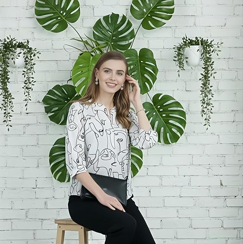 Image of Women Abstract Printed White V Neck Top, Three Quarter Sleeve, Regular Fit, Casual Office Wear