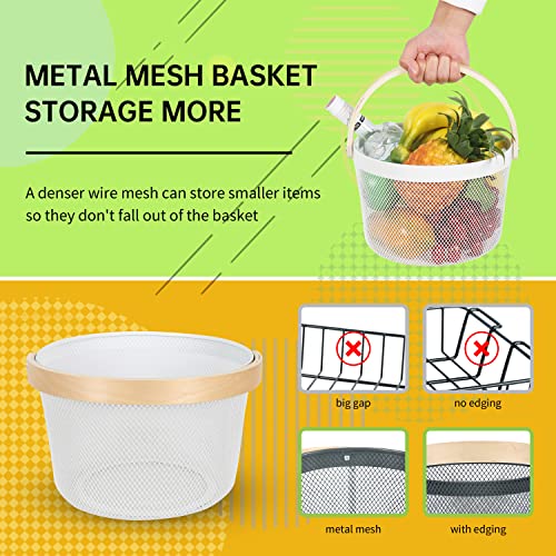 Zoes Homeware Round Mesh Steel Basket With Wooden Handle | Multi-Functional Basket For Egg,Fruit,Berry | Garden Harvest Basket | Kitchen Bathroom Pantry Picnic Organizer | 10"*10"*7" | White #TOP4