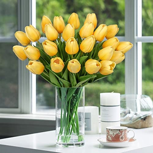 Image of 24 Pcs Yellow Tulips Artificial Flowers Real Touch Fake Tulips Fake Flowers for Mother's Day 13.5 inch Faux Tulips Faux Flowers Bulk Artificial Tulips Flowers for Vase Centerpieces Home Wedding Bouquet