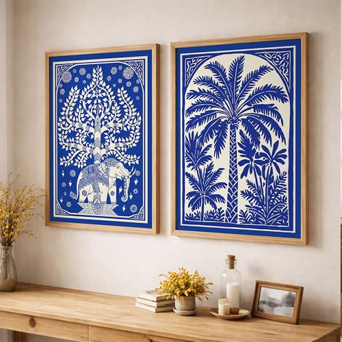 Image of Suneree Blue White Elephant Tree of Life Wall Art Painting | Set of 2 Framed Paintings | Indian Folk Art Decor for Living Room Bedroom Home Office | (ART 10, 10x13 INCHES)