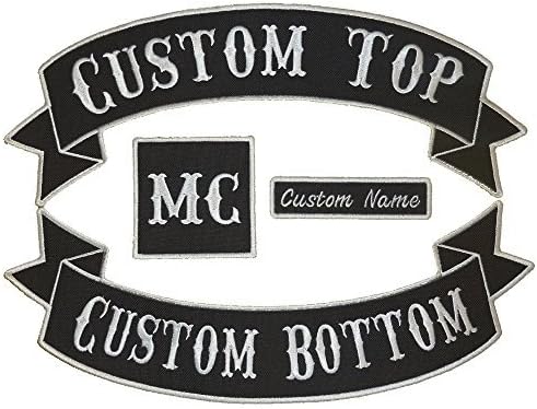 Custom Embroiderd Full Vest Biker 4pc Patch Set - 13" Top & Bottom Rockers, 1x4 Name Tag, 3" Square - Banner Style (Black)