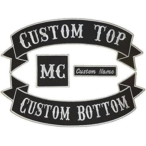 Custom Embroiderd Full Vest Biker 4pc Patch Set - 13" Top & Bottom Rockers, 1x4 Name Tag, 3" Square - Banner Style (Black) Cover
