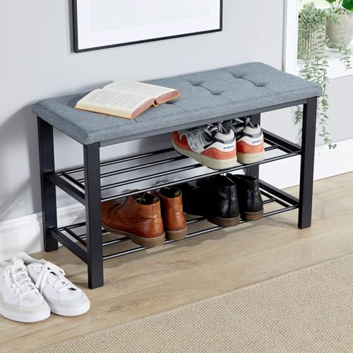 Home Source Shoe Storage Bench, 2 Open Shelves, Black Metal Frame, Bedroom Hallway Entryway Organiser, Shoe Rack Bench with Grey PU Leather Padded Seat - Cosy Home Interiors Home Source Shoe Storage Bench, 2 Open Shelves, Black Metal Frame, Bedroom Hallway Entryway Organiser, Shoe Rack Bench with Grey PU Leather Padded Seat - Image 4