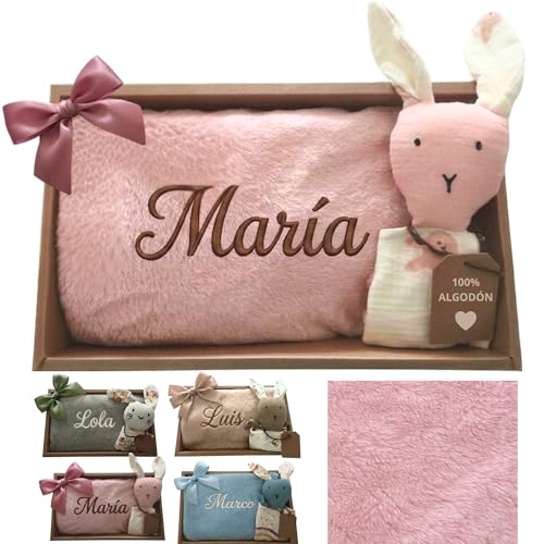 Dalvitas Manta Bebé Personalizada Nombre Bordado + Dou-Dou 100% Algodón. Regalo Recién Nacido Niño Niña - Cesta Set Canastilla Manta Suave y Peluche - Regalo Padres y Mamás Primerizas (Rosa)