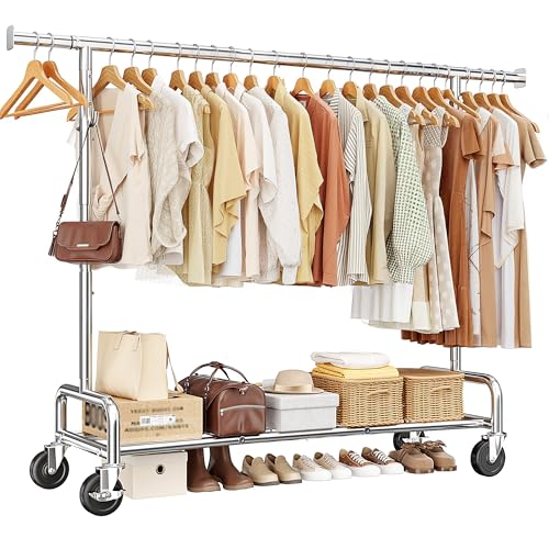 Klyvvo Burro Ropa Sólido con Ruedas, Perchero Burro Ropa Extensible com Cargas Pesadas, Capacidade de Carga Máxima. 150kg, Roupa con Ruedas Para Almacenamiento, Entrada, Quarto ou Vestiário, Prata