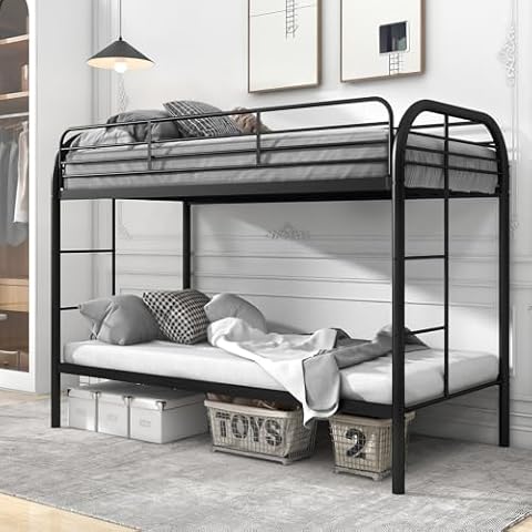 YIORTWO Metal Bunk Bed Twin Over Twin Size,Modern Style Twin Size Bunk Bed with Safe Guardrail and Space-Saving Design,Steel Bed for Adults and Kids and Teens, Black Cover