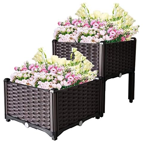 SUNVIVI OUTDOOR 2 Kunststoff Hochbeet Erhöhte Pflanzkasten Kit Rattan Muster Cover