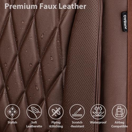 Image of CAR PASS Piping Luxury Faux PU Leather Two Front Car Seat Covers, Waterproof Anti Slip Seat Covers Compatible with Front Seat Armrests,Universal Fit for Suvs,Vans,Trucks,Airbag Compatible, All Brown