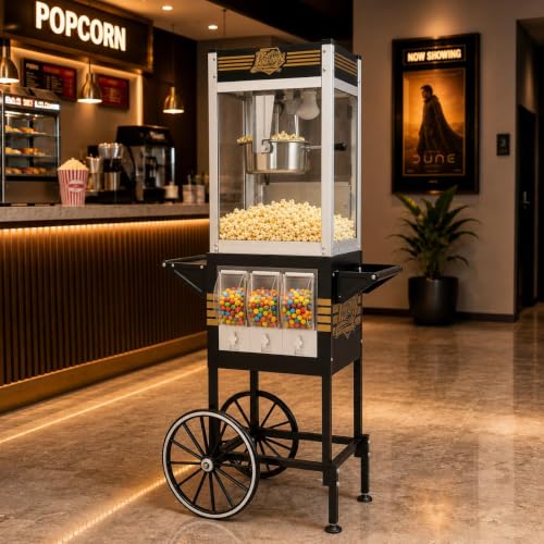 Image of 12 oz Commercial Popcorn Machine Cart with Candy Dispenser, Pop Corn Machine Maker Makes Up to 48 Cups, Movie Theater Popcorn Machine with 3-Switch Control&Stainless-Steel Kettle, Black