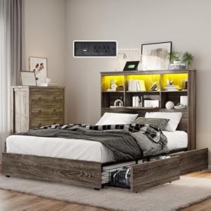 Albott King Size Bookcase Bed Frame with LED Headboard and 4 Drawers Farmhouse Wood Storage Bed with Charging Station No Box Spring Needed Rustic Grey