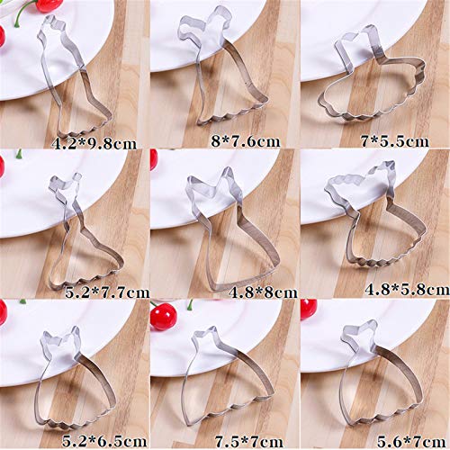 Mini Dress Cookie Cutter Set Of 9 Pcs, Stainless Steel Mini One-Bite Size Wedding Dress Shaped Fondant Cutters Baking Molds #TOP4