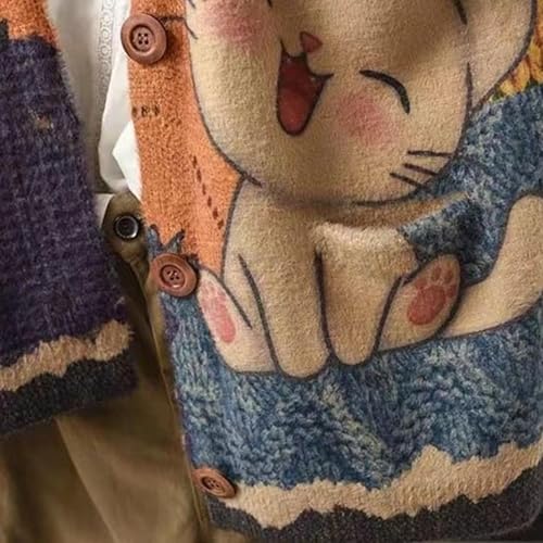Image of TBUS Women's V Neck Oversized Cat Print Cardigan, Boho Patchwork Knit Sweater Long Sleeve Button Front with Pockets