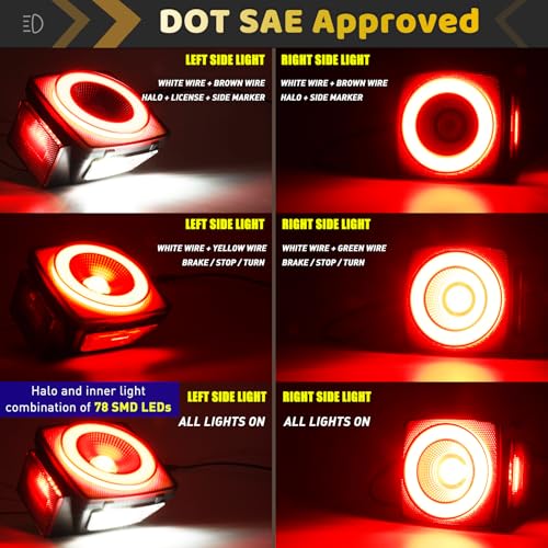 Image of Square Halo 78 LEDs Trailer Lights,Stop Turn Brake License Combination Tail Light w /Stud Mount, IP67 Submersible for Under 80 inch Truck Boat RV [PatentPending], DC 12V (Smoked Lens Red LED)