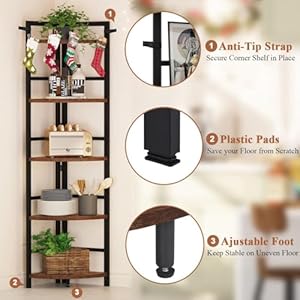 Bon augure 5 tier corner bookshelf industrial corner shelf narrow freestanding corner bookcase tall display corner shelf stand for living room bathroom kitchen home office rustic oak  urban country home decor