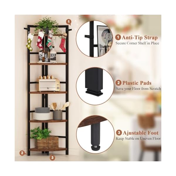 Bon augure 5 tier corner bookshelf industrial corner shelf narrow freestanding corner bookcase tall display corner shelf stand for living room bathroom kitchen home office rustic oak  urban country home decor