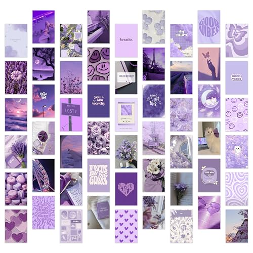 Image of ZENDEN STORE Pack of 54 Aesthetic Lavender Wall Collage Kit Posters - 4x6 Inch, 300 GSM Matte Cardstock with 300+ Glue Dots - Pastel Wall Decor for Bedroom, Dorm, Office