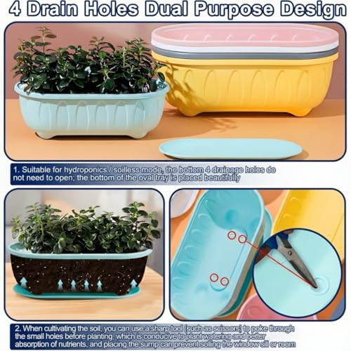 Image of Plastic Rectangle Round Corner Flower Pots with Drainage Hole Saucers Durable Outdoor Indoor Planters with Tray Plant Containers for Balcony, Garden, Home & Office (Set of 5 Multi)