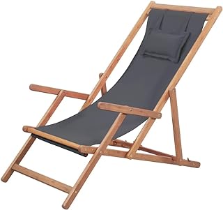 'vidaXL Adjustable Wooden Beach Chair with Fabric Seat - Foldable and Portable Grey Outdoor Lounge Chair for Garden, Pati...