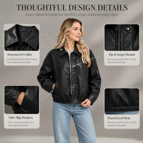 YMADREIG Womens Cropped Faux Leather Jacket Oversized Moto Bomber Coat - image 5